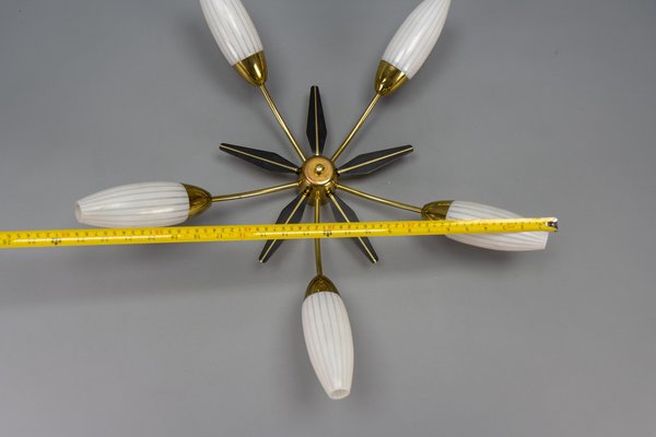 Mid-Century Modern Brass and White Glass Five-Light Sputnik Flush Mount, Italy, 1950s-KEG-1750888