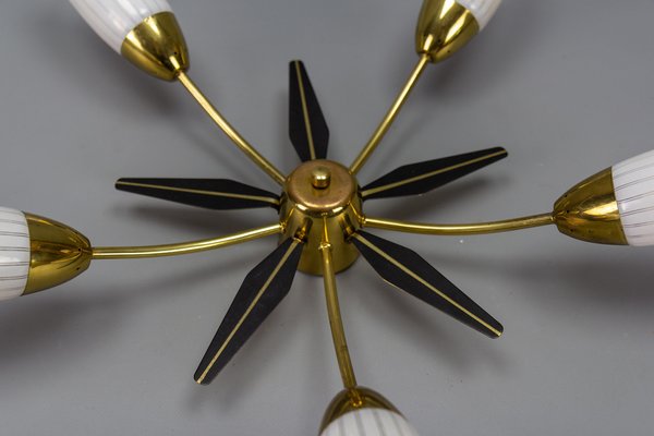 Mid-Century Modern Brass and White Glass Five-Light Sputnik Flush Mount, Italy, 1950s-KEG-1750888