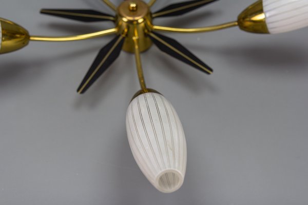 Mid-Century Modern Brass and White Glass Five-Light Sputnik Flush Mount, Italy, 1950s-KEG-1750888