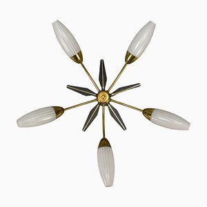 Mid-Century Modern Brass and White Glass Five-Light Sputnik Flush Mount, Italy, 1950s-KEG-1750888