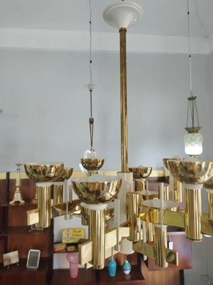 Mid-Century Modern Brass and White Painted Metal Chandelier, 1960s-NMK-2032391