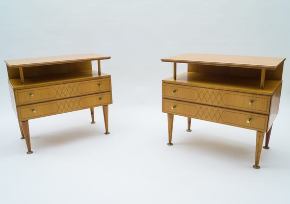 Mid-Century Modern Brass and Wood Nightstands, 1950s, Set of 2-KQB-925195