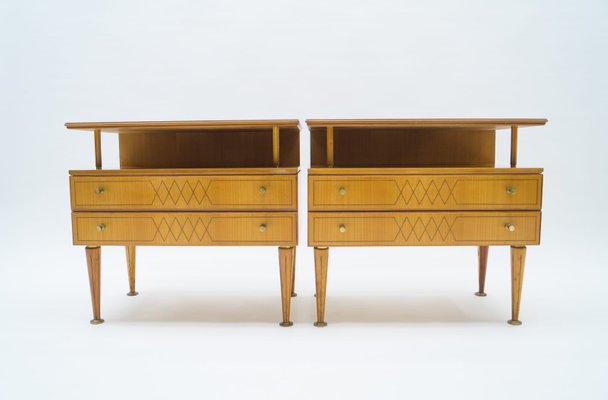 Mid-Century Modern Brass and Wood Nightstands, 1950s, Set of 2-KQB-925195