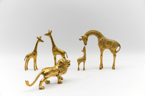 Mid-Century Modern Brass Giraffe & Lion Figurines, 1960s, Set of 5-KQB-1755707