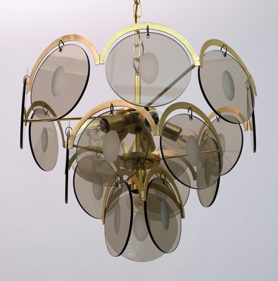 Mid-Century Modern Chandelier in Amber Glass and Brass from Vistosi, 1960s-FER-999203