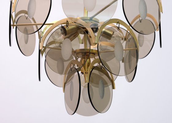 Mid-Century Modern Chandelier in Amber Glass and Brass from Vistosi, 1960s-FER-999203