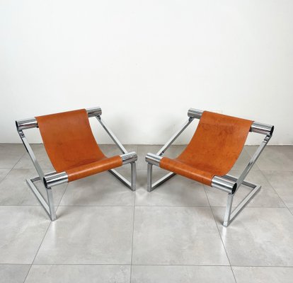 Mid-Century Modern Chrome and Leather Armchairs, Italy, 1970s, Set of 2-LYQ-1321730