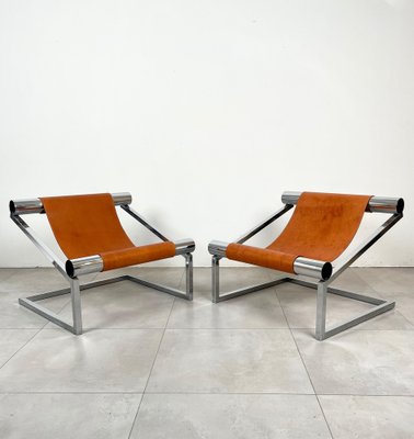 Mid-Century Modern Chrome and Leather Armchairs, Italy, 1970s, Set of 2-LYQ-1321730