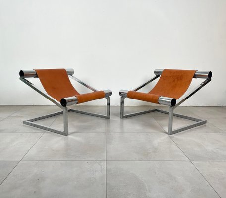 Mid-Century Modern Chrome and Leather Armchairs, Italy, 1970s, Set of 2-LYQ-1321730