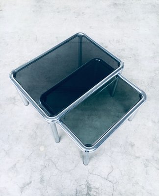 Mid-Century Modern Chrome & Smoked Glass Nesting Tables attributed to Etienne Fermigier, France, 1970s, Set of 2-RQV-1772774