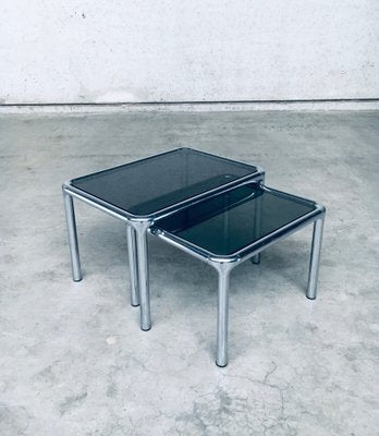 Mid-Century Modern Chrome & Smoked Glass Nesting Tables attributed to Etienne Fermigier, France, 1970s, Set of 2-RQV-1772774