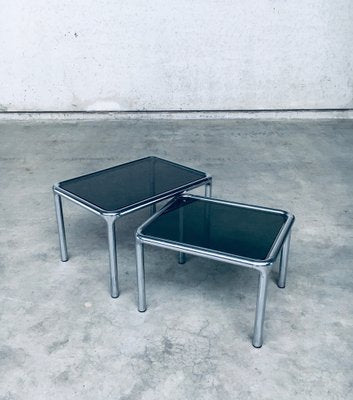 Mid-Century Modern Chrome & Smoked Glass Nesting Tables attributed to Etienne Fermigier, France, 1970s, Set of 2-RQV-1772774