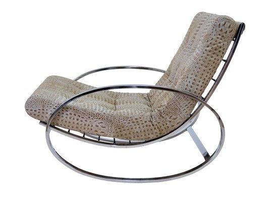 Mid-Century Modern Chrome Steel Tube Rocking Chair with Croco-Style Upholstery-CXC-1752468