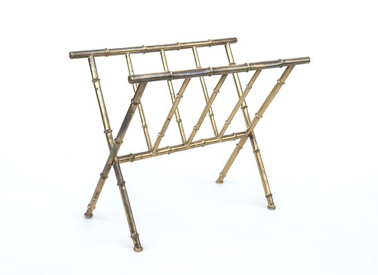 Mid-Century Modern Danish Brass Bamboo Magazine Rack, 1950s-URD-1107689