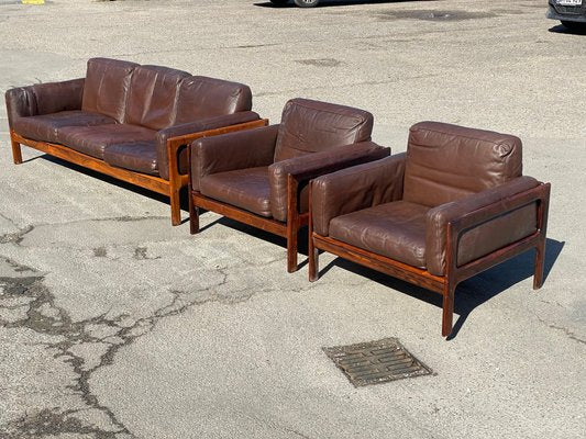 Mid-Century Modern Danish Living Room Set in Rosewood and Leather by Arne Wahl Iversen, 1970s, Set of 3-MXB-1256984