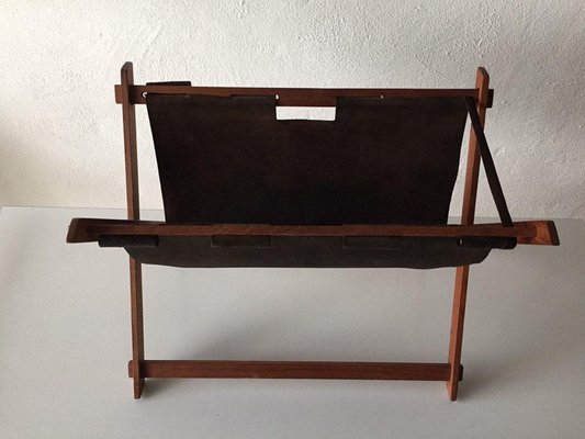 Mid-Century Modern Danish Teak and Suede Leather Magazine Newspaper Holder-RDS-1156685