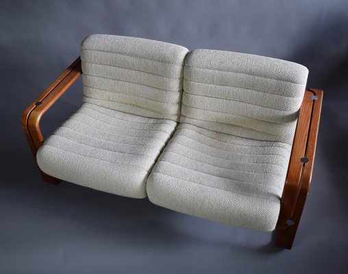 Mid-Century Modern Ecru and Wooden Frame 2-Seater Sofa attributed to Giroflex, 1970s-IEI-1397199