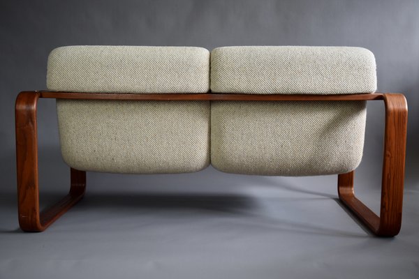 Mid-Century Modern Ecru and Wooden Frame 2-Seater Sofa attributed to Giroflex, 1970s-IEI-1397199