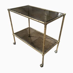 Mid-Century Modern French Gilt Metal & Faux Bamboo Bar Cart with Smoked Glasses by Maison Baguès, 1960s-DHH-932909