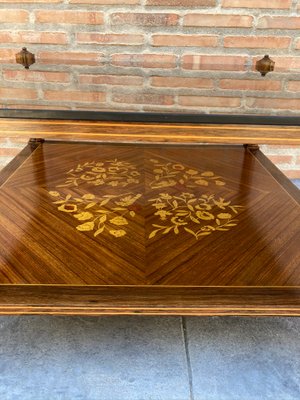 MId-Century Modern French Walnut Marquetry Base & Glass Top Side Table, 1960s-NOU-792807