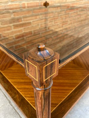 MId-Century Modern French Walnut Marquetry Base & Glass Top Side Table, 1960s-NOU-792807