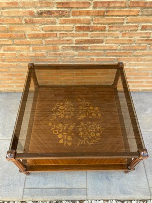 MId-Century Modern French Walnut Marquetry Base & Glass Top Side Table, 1960s-NOU-792807