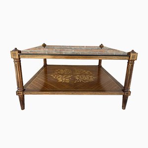 MId-Century Modern French Walnut Marquetry Base & Glass Top Side Table, 1960s-NOU-792807