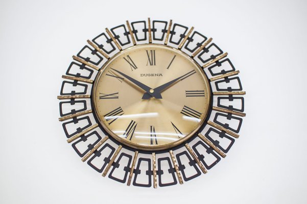 Mid-Century Modern German Sunburst Wall Clock in Brass by Dugena, 1960s-KQB-1174515