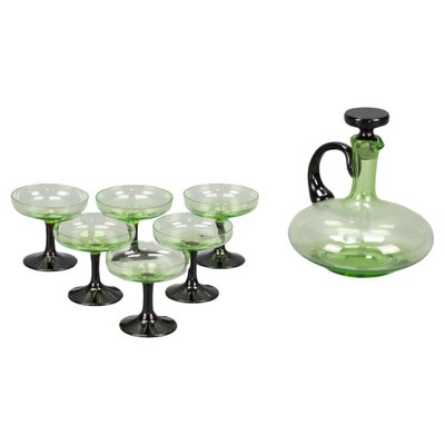 Mid-Century Modern Green and Black Glass Decanter and Glasses, 1950s, Set of 7-KEG-1765770