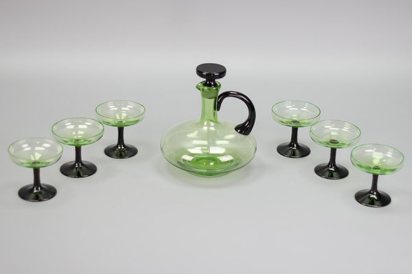 Mid-Century Modern Green and Black Glass Decanter and Glasses, 1950s, Set of 7-KEG-1765770