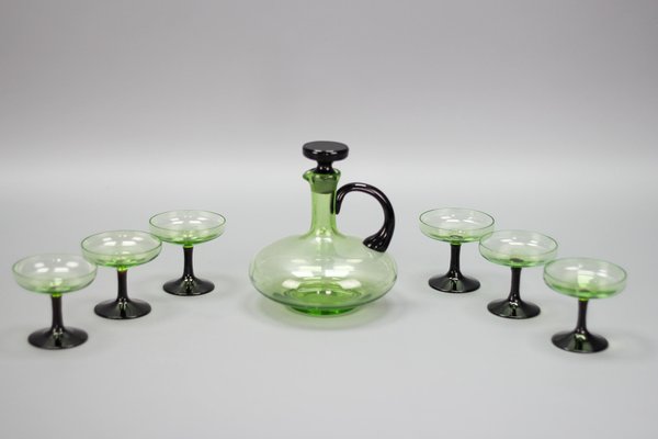 Mid-Century Modern Green and Black Glass Decanter and Glasses, 1950s, Set of 7-KEG-1765770