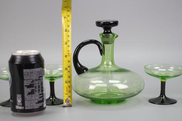 Mid-Century Modern Green and Black Glass Decanter and Glasses, 1950s, Set of 7-KEG-1765770