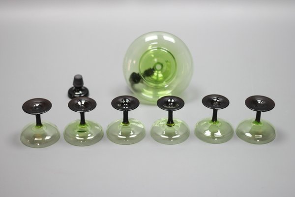 Mid-Century Modern Green and Black Glass Decanter and Glasses, 1950s, Set of 7-KEG-1765770