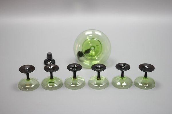 Mid-Century Modern Green and Black Glass Decanter and Glasses, 1950s, Set of 7-KEG-1765770