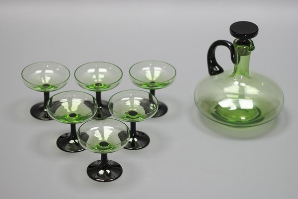 Mid-Century Modern Green and Black Glass Decanter and Glasses, 1950s, Set of 7-KEG-1765770