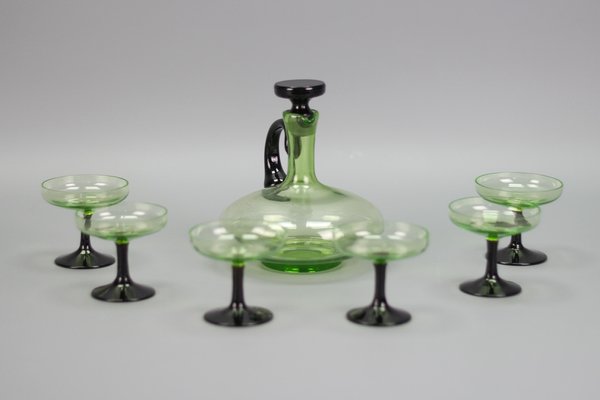 Mid-Century Modern Green and Black Glass Decanter and Glasses, 1950s, Set of 7-KEG-1765770