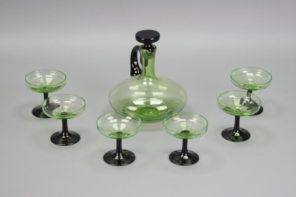 Mid-Century Modern Green and Black Glass Decanter and Glasses, 1950s, Set of 7-KEG-1765770