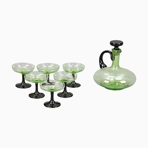 Mid-Century Modern Green and Black Glass Decanter and Glasses, 1950s, Set of 7-KEG-1765770