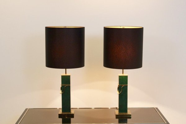 Mid-Century Modern Green and Brass Table Lamps, Set of 2-MO-667752