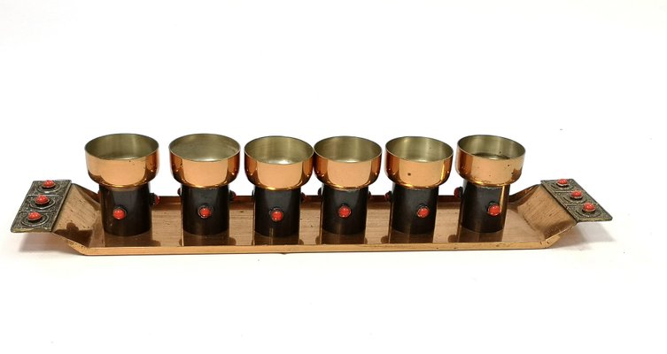 Mid-Century Modern Handmade Liqueur Glasses Set in Copper and Enamel, 1970s, Set of 7-UWE-998120