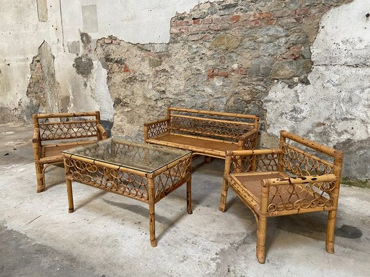 Mid-Century Modern Italian Bamboo Living Room Set with Vienna Straw Seat, 1970s, Set of 4-DHH-1355288