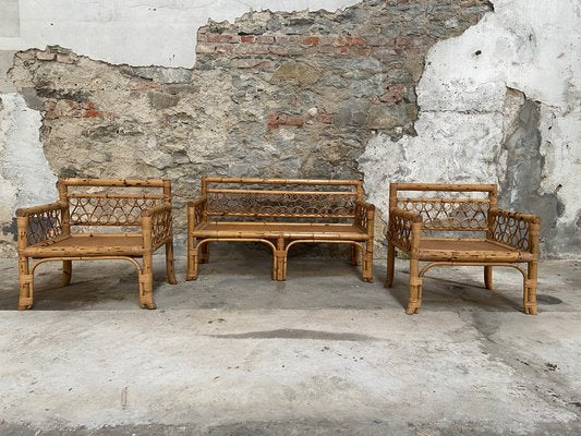 Mid-Century Modern Italian Bamboo Living Room Set with Vienna Straw Seat, 1970s, Set of 4-DHH-1355288