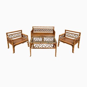 Mid-Century Modern Italian Bamboo Living Room Set with Vienna Straw Seat, 1970s, Set of 4-DHH-1355288