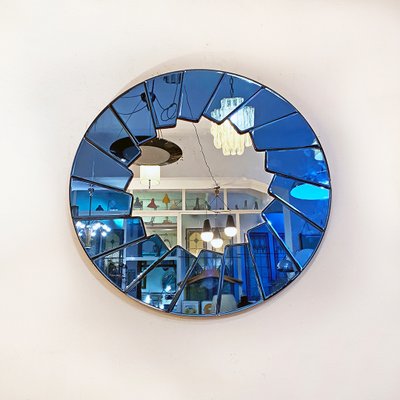 Mid-Century Modern Italian Blue Round Mirror with Glass Frame, 1960s-GDD-1398908