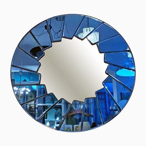 Mid-Century Modern Italian Blue Round Mirror with Glass Frame, 1960s-GDD-1398908