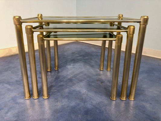 Mid-Century Modern Italian Brass & Smoked Glass Nesting Tables, 1970s, Set of 3-MTX-928715