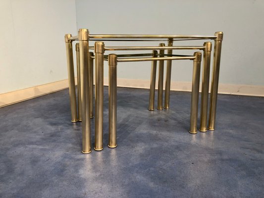 Mid-Century Modern Italian Brass & Smoked Glass Nesting Tables, 1970s, Set of 3-MTX-928715