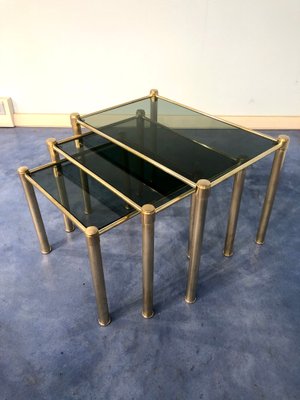 Mid-Century Modern Italian Brass & Smoked Glass Nesting Tables, 1970s, Set of 3-MTX-928715