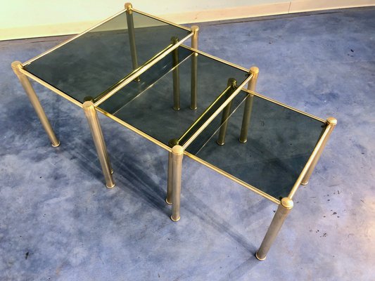 Mid-Century Modern Italian Brass & Smoked Glass Nesting Tables, 1970s, Set of 3-MTX-928715