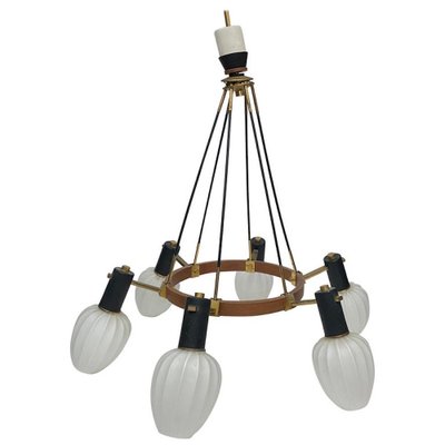 Mid-Century Modern Italian Brass, Teak and Glass Chandelier in the Style of Stilnovo, 1960s-NMK-1150575